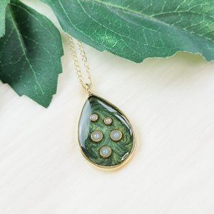 Teadrop Pendant Necklace Metallic Forest Green and Gold Handmade Necklace